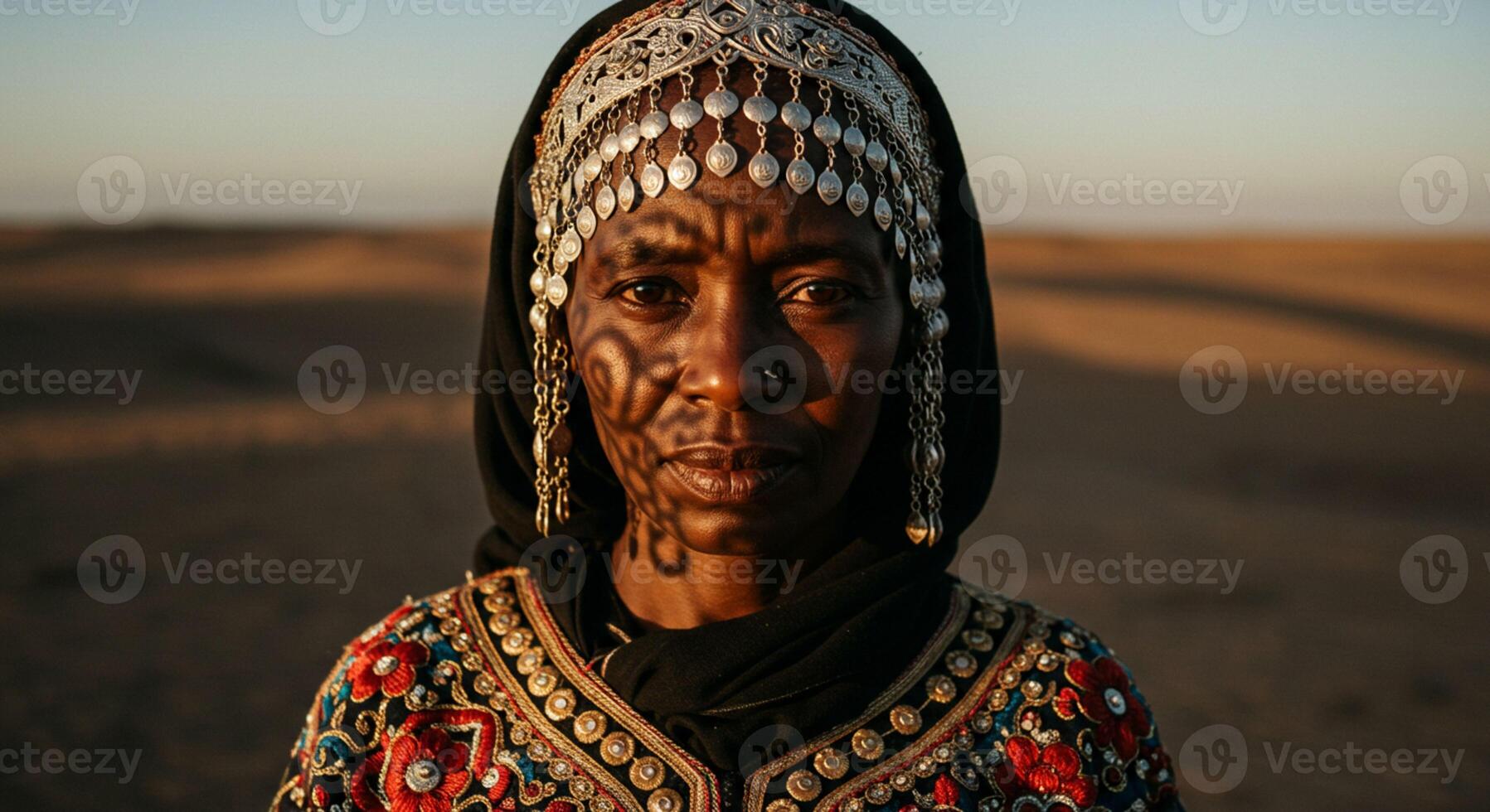 African American woman in a traditional dress in the desert photo