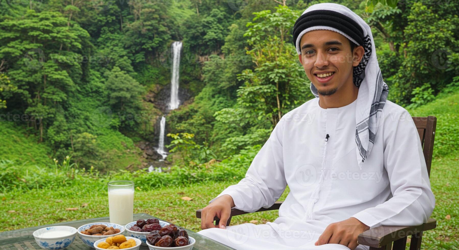 Portrait of a young Arab man with sweets at a table photo