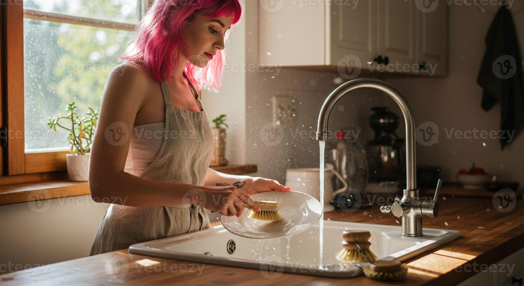 Woman washing dishes in the kitchen photo