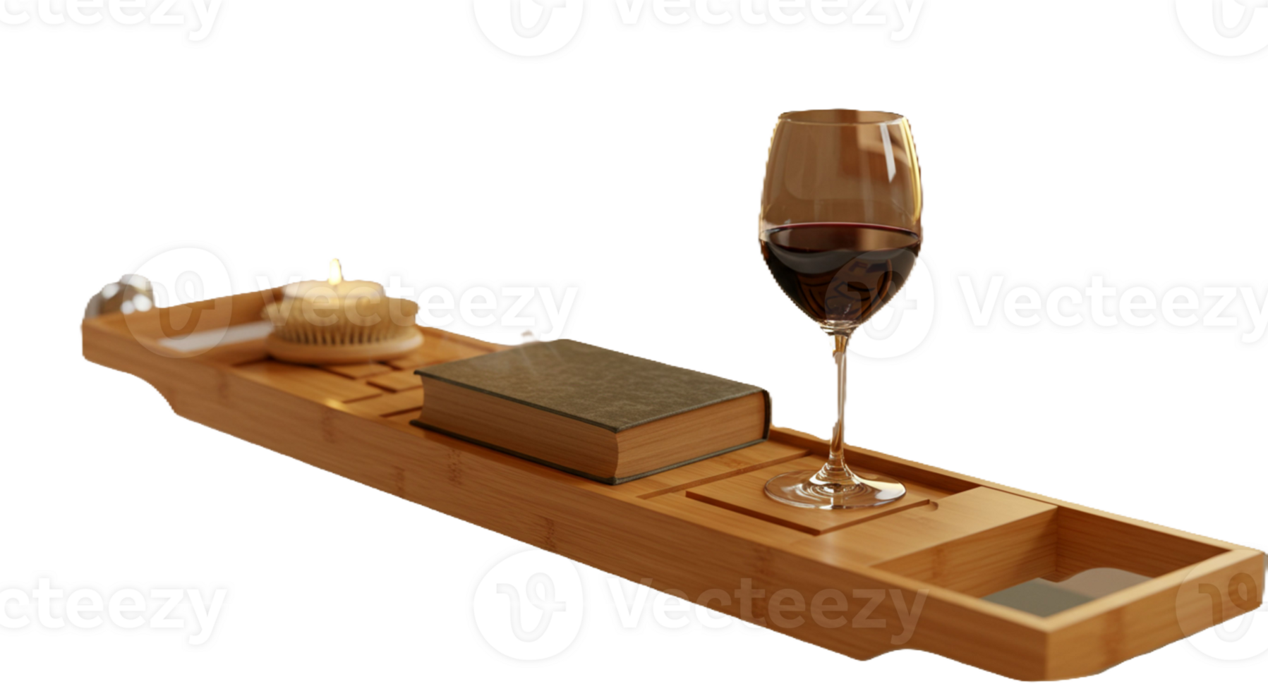 Wooden bath tray with book and wine glass on transparent background png
