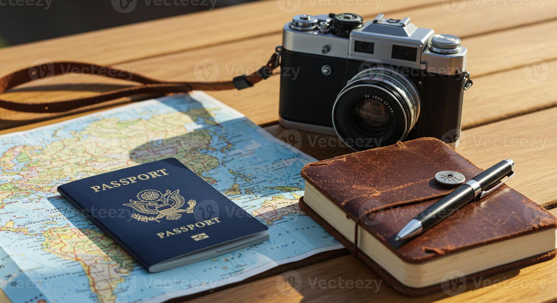 Passport, map, and camera on table as travel concept photo