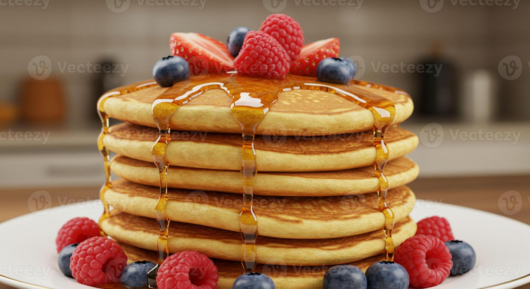 Stack of pancakes with syrup and berries photo