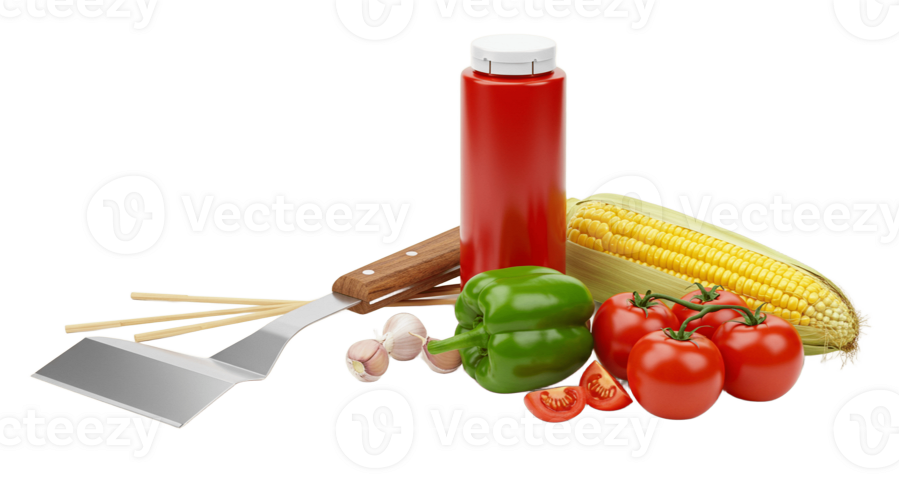Fresh vegetables, ketchup, and spatula on transparent background png