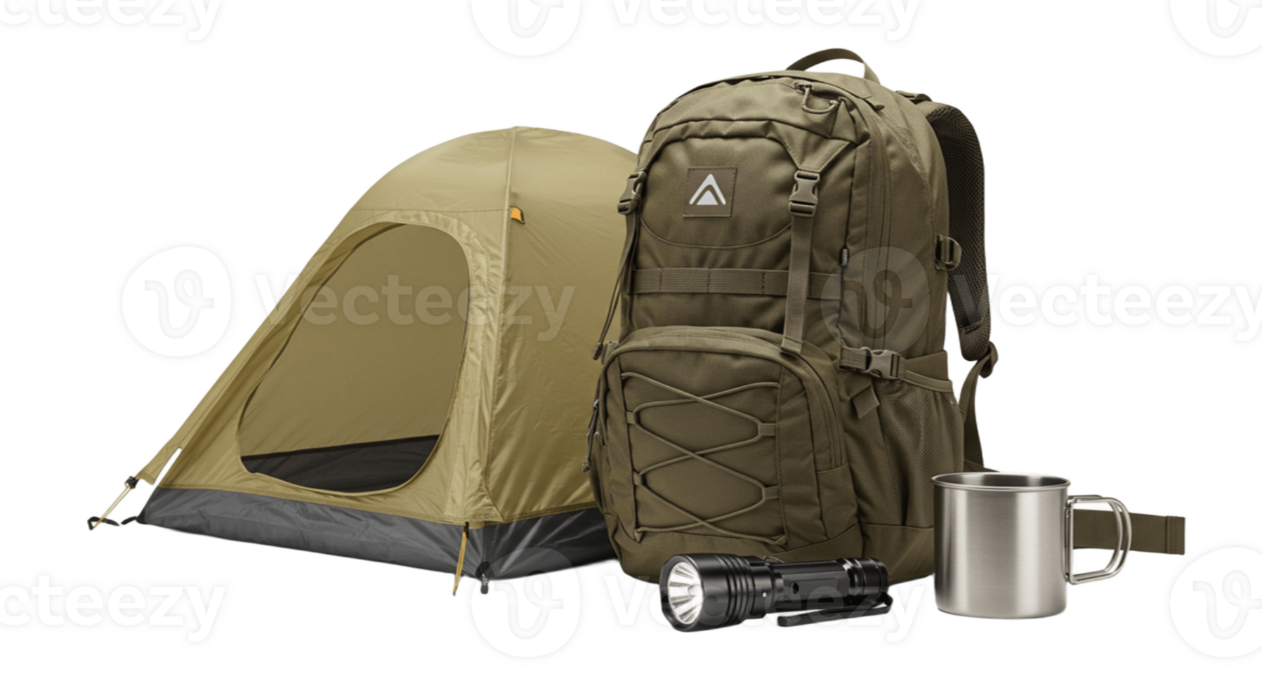 Travel backpack, tent, and flashlight on transparent background png