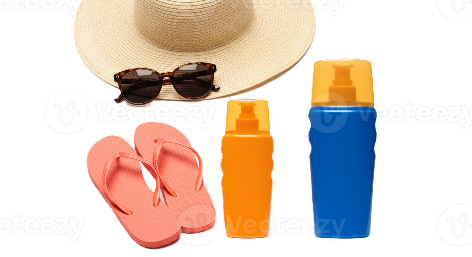 Summer accessories with hat, sunglasses, and flip-flops on transparent background png