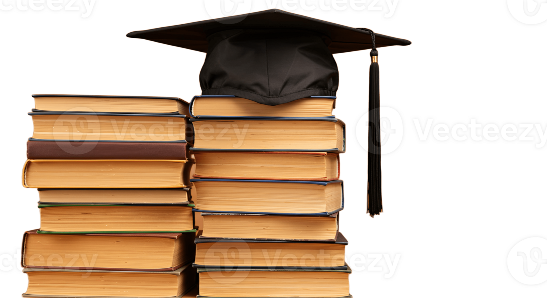 Black graduation cap resting on stacked books, isolated png