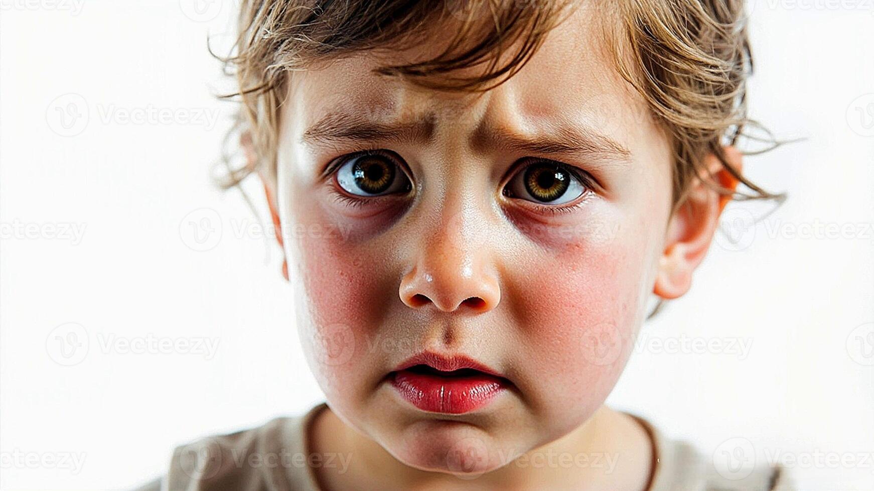 Serious young boy with a frowning face photo