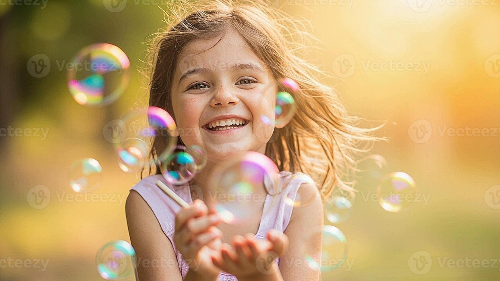 Happy young girl blowing bubbles outside photo