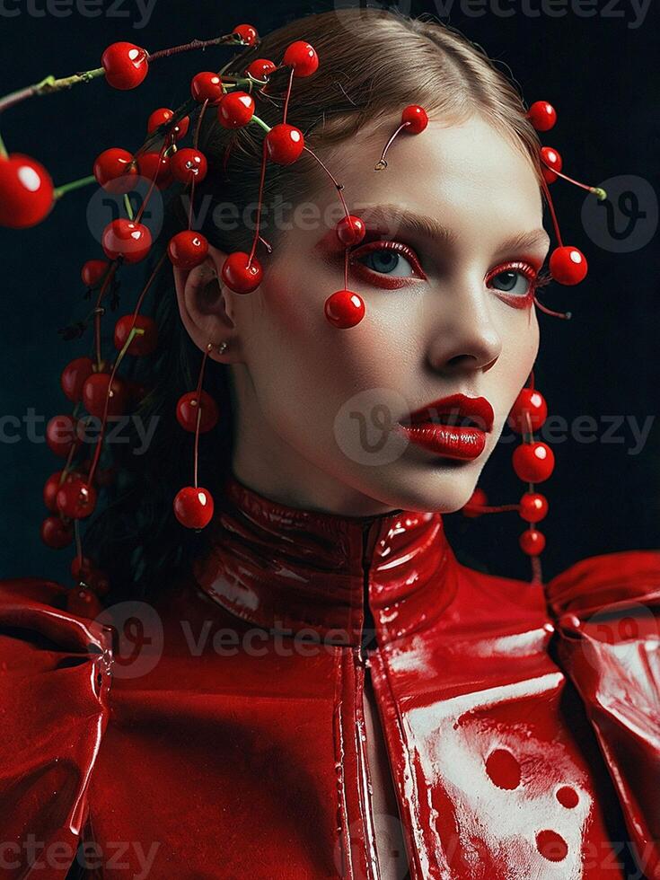Fashion Photo of Model in Red Dress with Cherry Headpiece