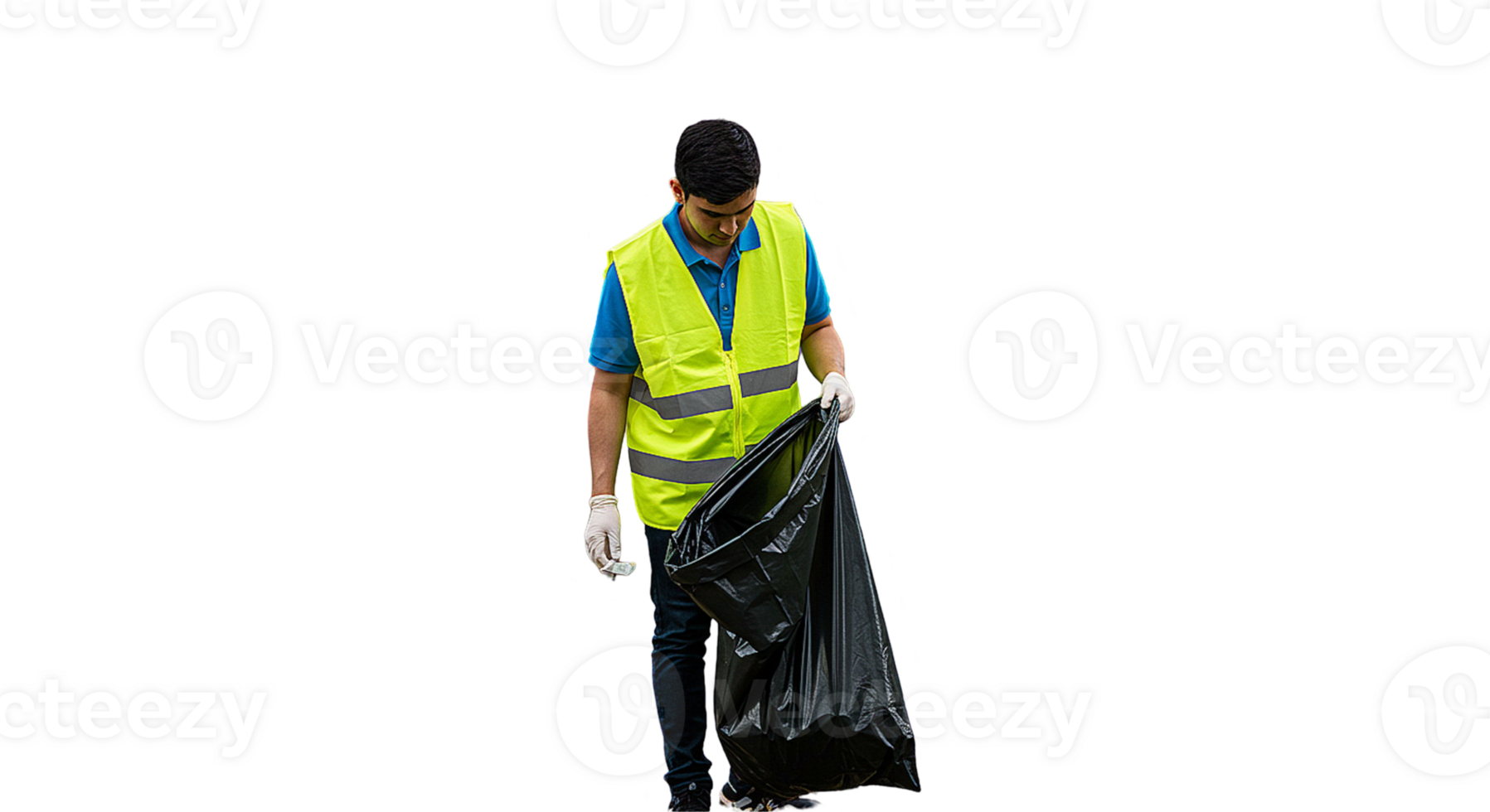 Young man in a yellow vest picking up trash in a large trash bag on transparent background png