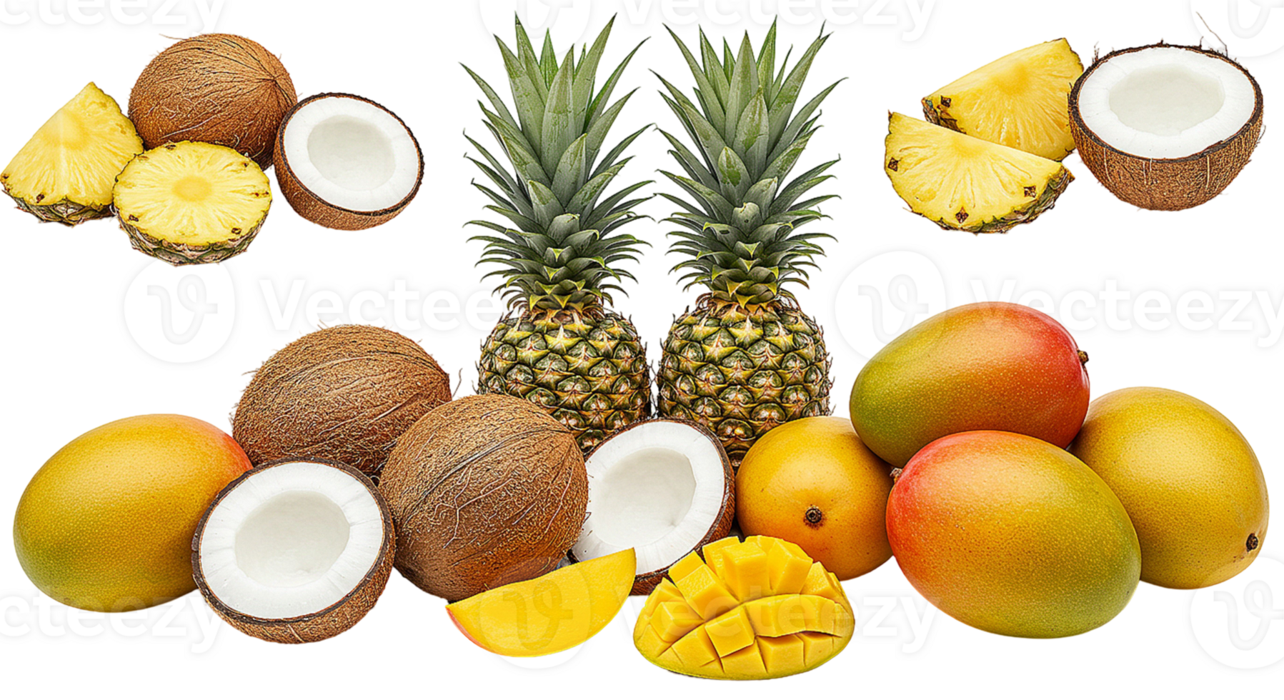 Mango coconut and pineapple on transparent background png