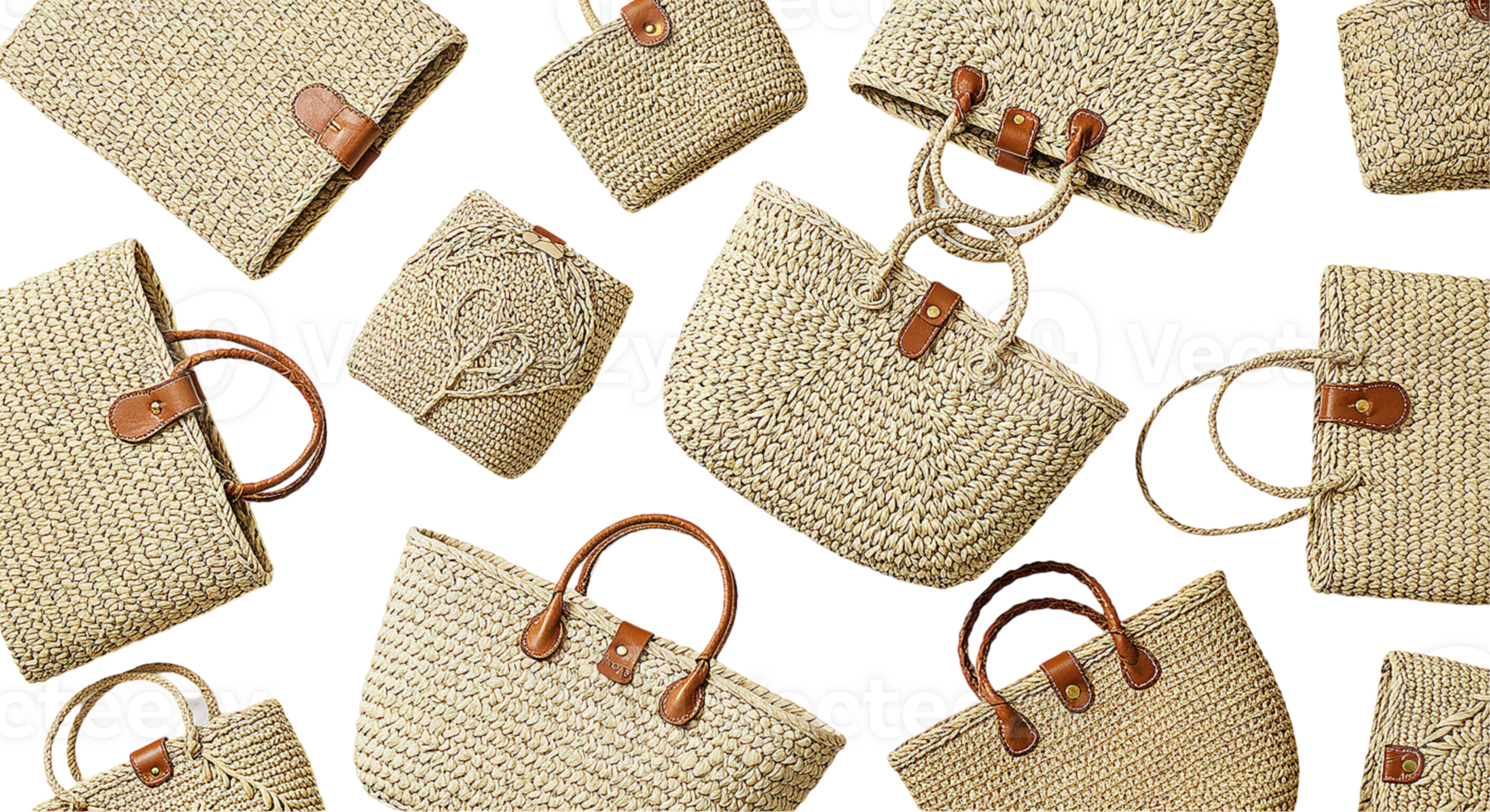 Set of beach straw bags on transparent background png
