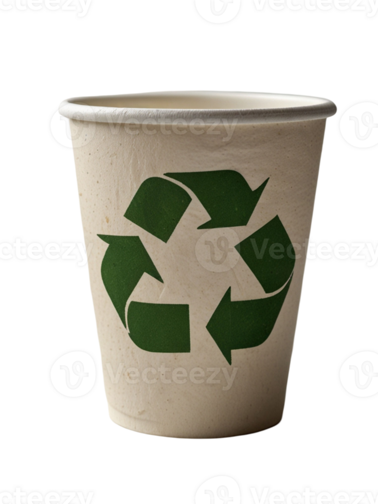 Biodegradable paper cup with green recycling symbol transparent background png