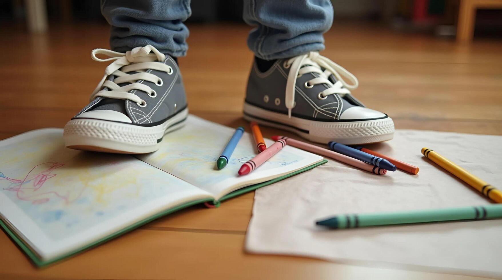 Close-Up of Sneakers, Crayons, and Sketchbook on Wooden Floor photo
