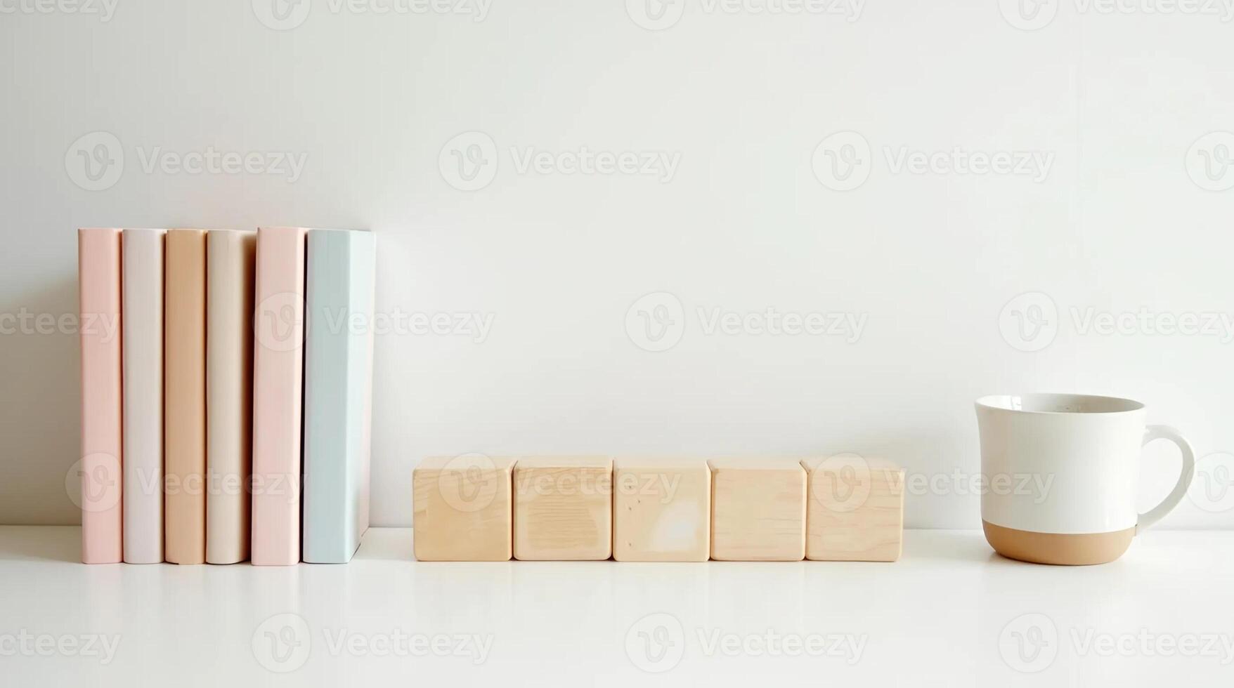 Minimalist Desk Setup with Pastel Folders, Wooden Calendar, and Ceramic Cup photo