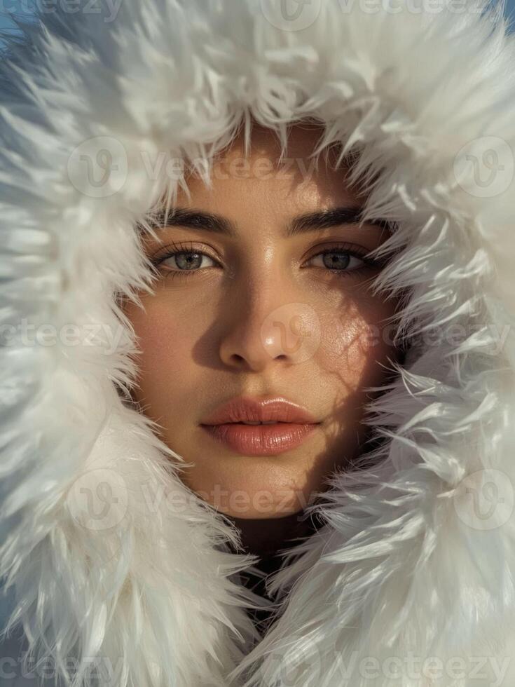 Elegant Woman in Fur Hood Close-Up Winter Portrait photo