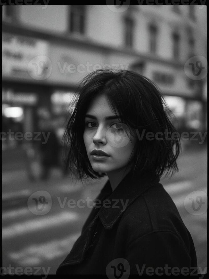 Woman in a black coat in Paris photo