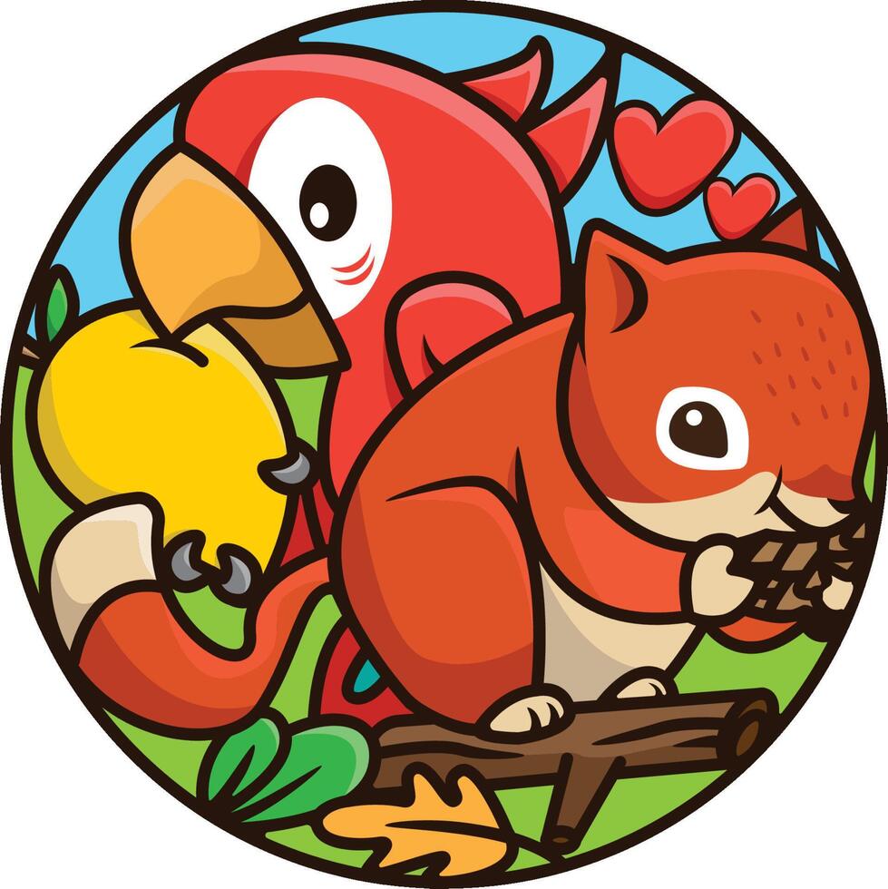 Cute and unique parrot and squirrel illustration for pet shop logo vector