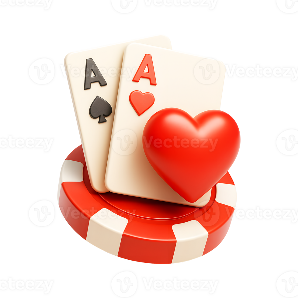 3D Render Poker Chip Two Ace Cards Red Heart Icon Gambling Casino Game png