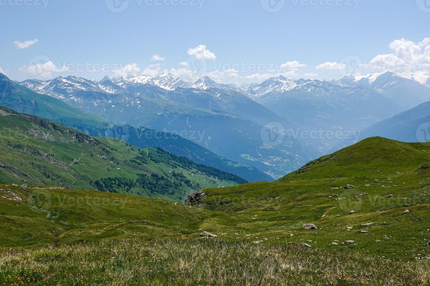 View of the Haute Tarentaise mountains at an altitude of over 2,000 meters in the Alps in Savoie photo