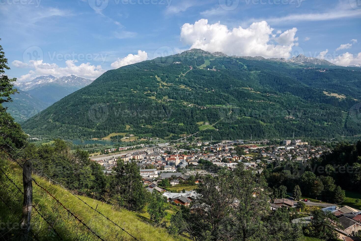 Aerial view of Bourg-Saint-Maurice from the low heights of the mountain pastures photo