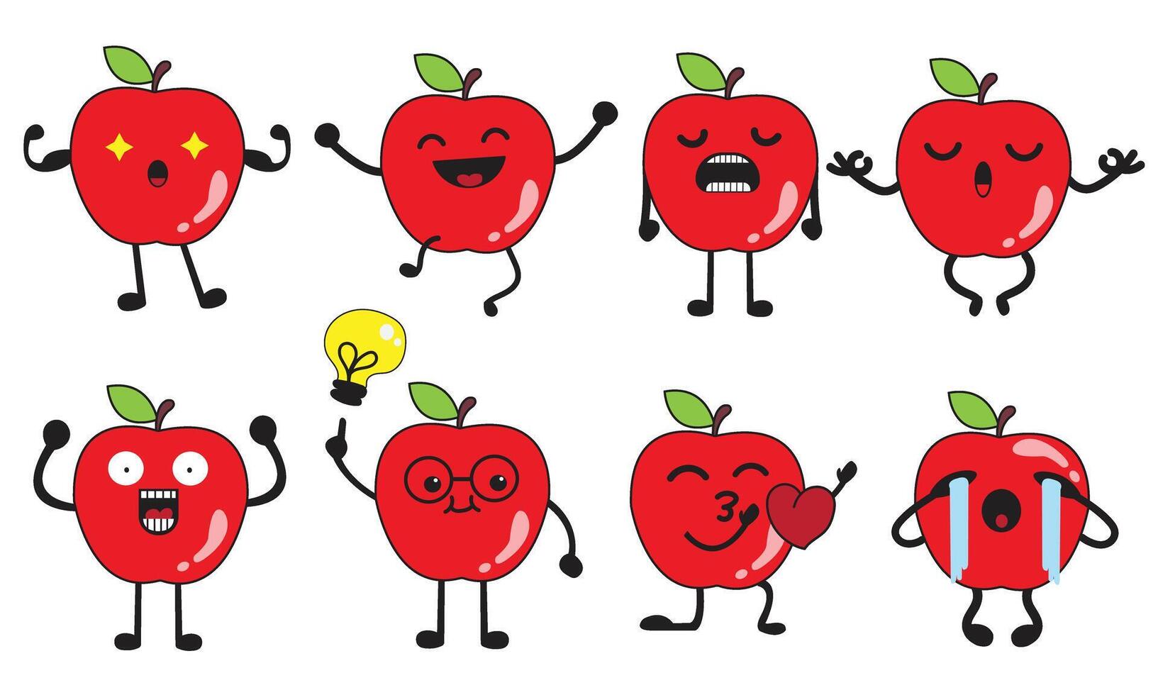 Cute Red Apple Characters with Funny Expressions and Emotions Cartoon Fruit Icons Set for Kids, Education, Healthy Food, and Emoji Concepts vector