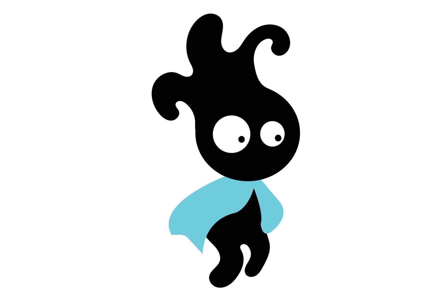 Creative Black Cartoon Mascot with Blue Cloak AbstractVector Design. A creative abstract cartoon character in black silhouette style with large expressive eyes and a blue superhero cape vector