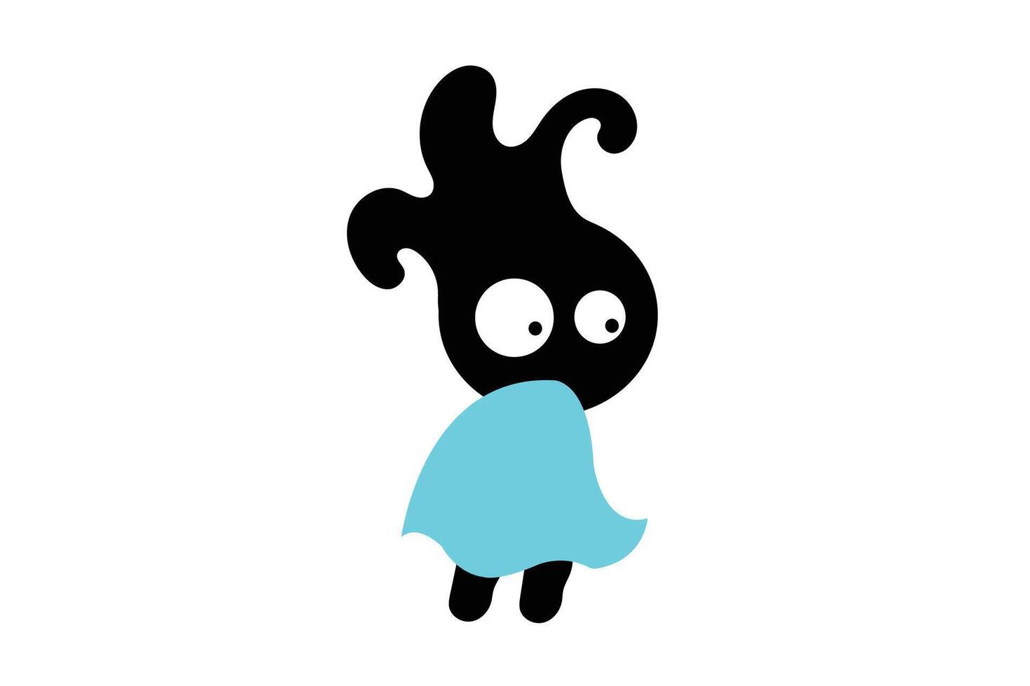 Creative Black Cartoon Mascot with Blue Cloak AbstractVector Design. A creative abstract cartoon character in black silhouette style with large expressive eyes and a blue superhero cape. vector