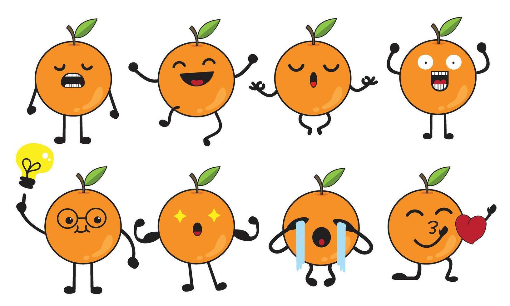 Funny Orange Fruit Characters with Emotions Cartoon Citrus Icons Set for Kids, Education, Emoji, and Healthy Food Concepts vector