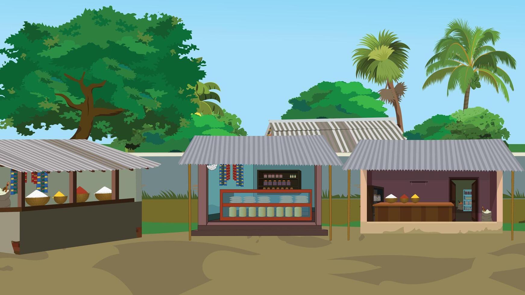 Indian village market. Indian market with tea stall and grocery shop. Asian rural village landscape vector