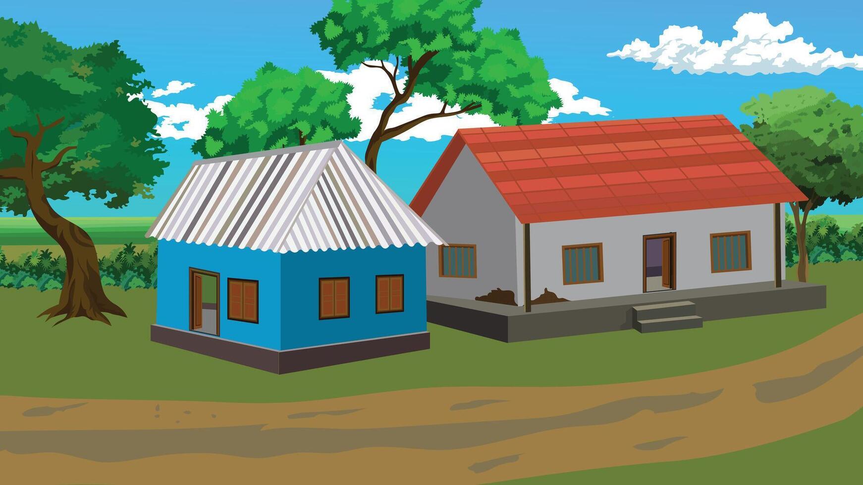 A blue and red house situated in a grassy field. The blue house is smaller in size compared to the red house, which is located further away from the blue house. The houses are surrounded by trees vector