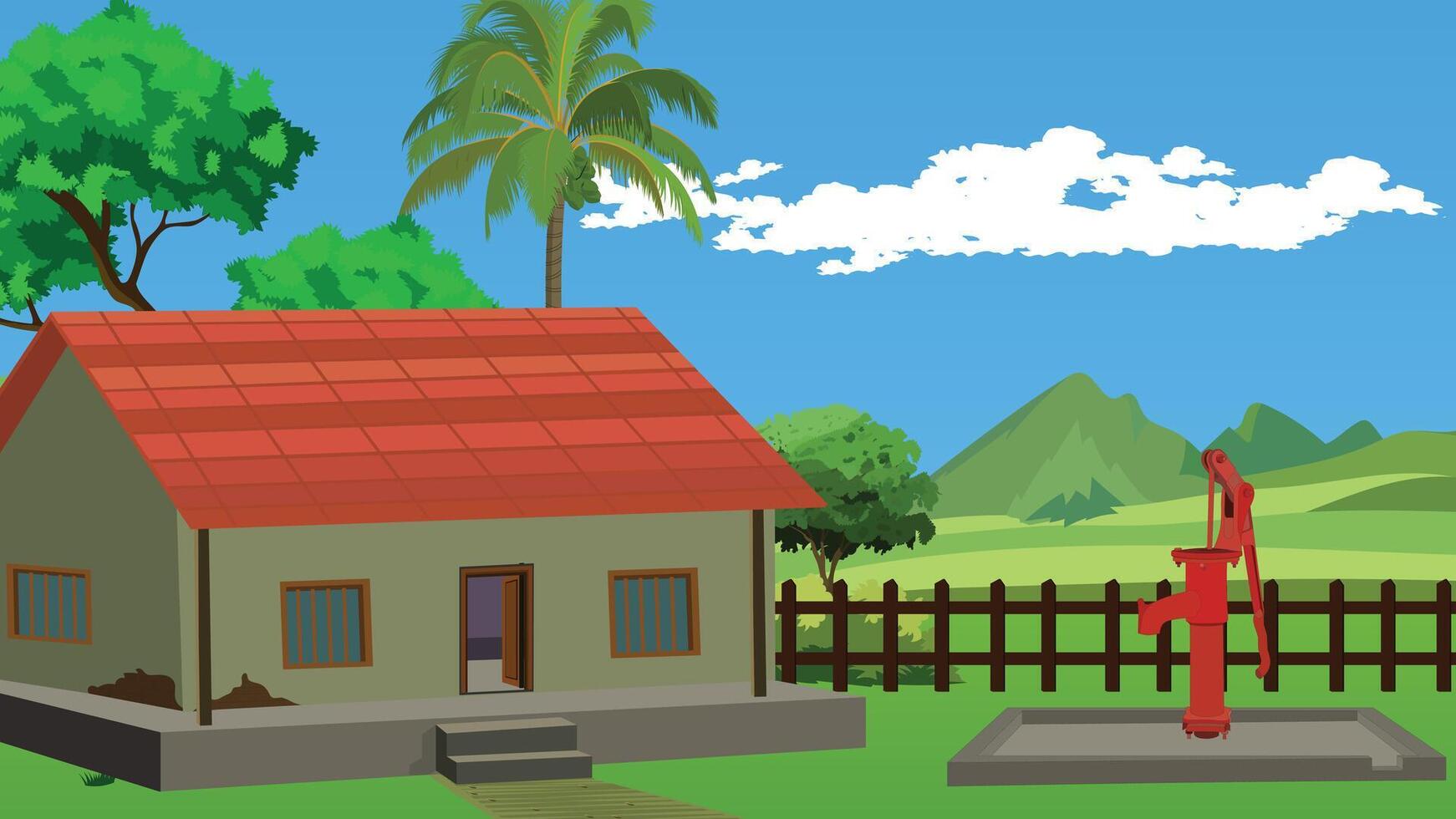 Indian Village Background with Red Tiled Roof House, Hand Pump, Palm Trees and Hills Rural Cartoon Scene for Animation Videos, Storytelling Projects and Educational Content vector
