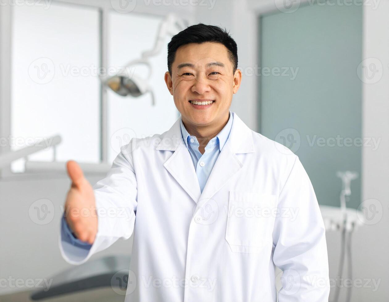 image of a dentist in white coat standing at the edge of the frame gesturing to welcome a patient into a modern dental clinic treatment room. photo