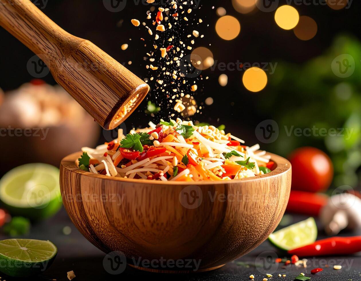 fresh thai som tum papaya salad ingredients falling into wooden mortar vibrant spicy sour sweet flavors authentic street food healthy crunchy texture photo