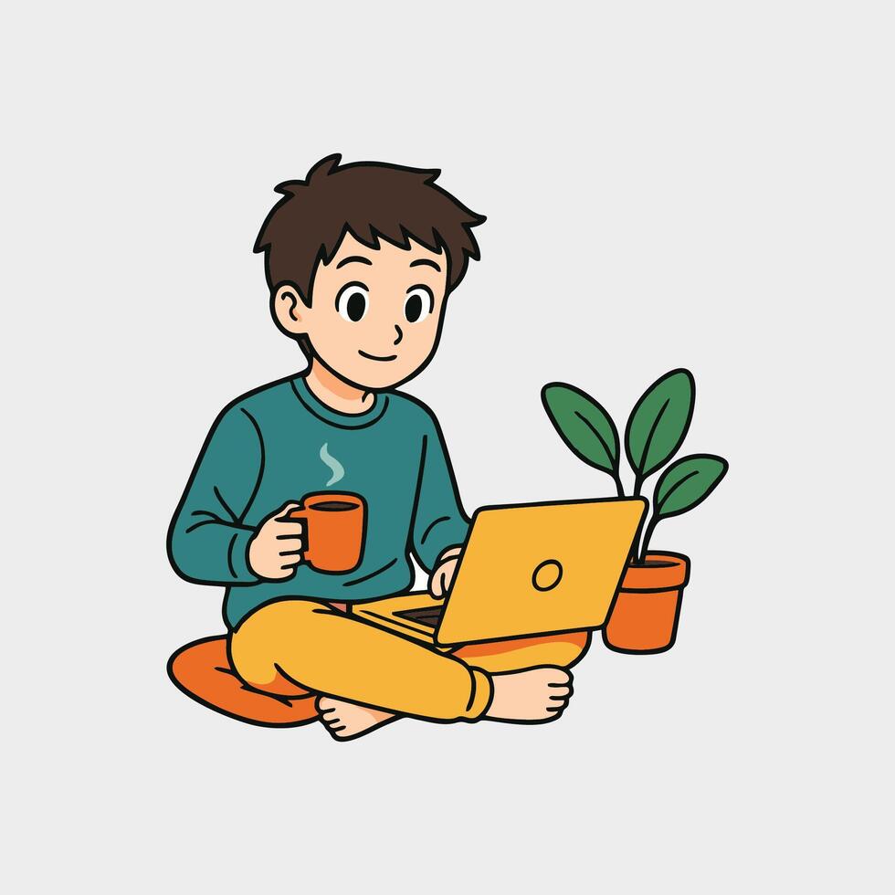 A man sitting on the floor with a laptop and a plant vector