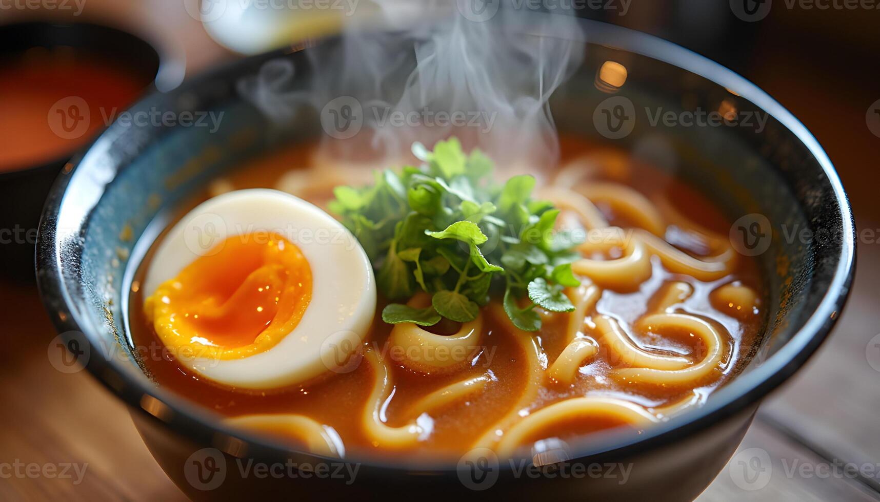 A bowl of ramen with an egg and a spoon photo