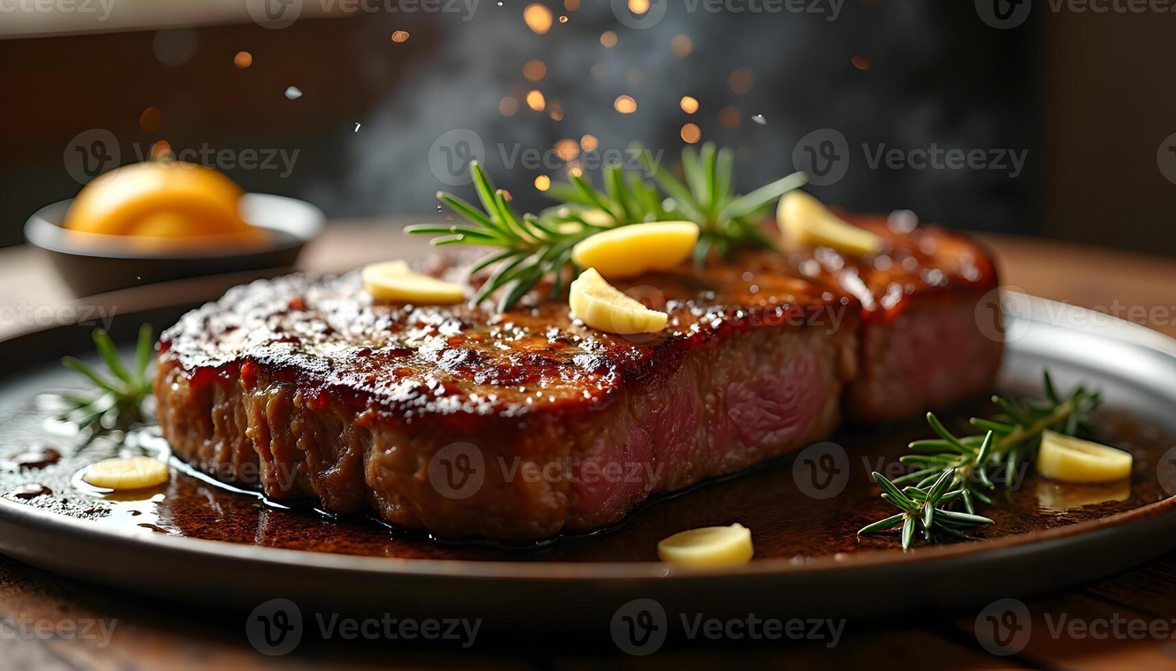 A steak is being cooked on a plate with herbs and spices photo