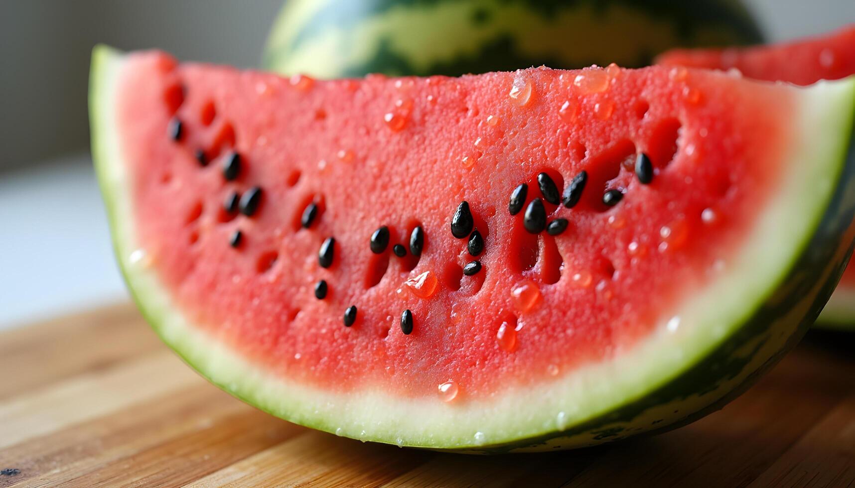 A slice of watermelon on a wooden cutting board photo