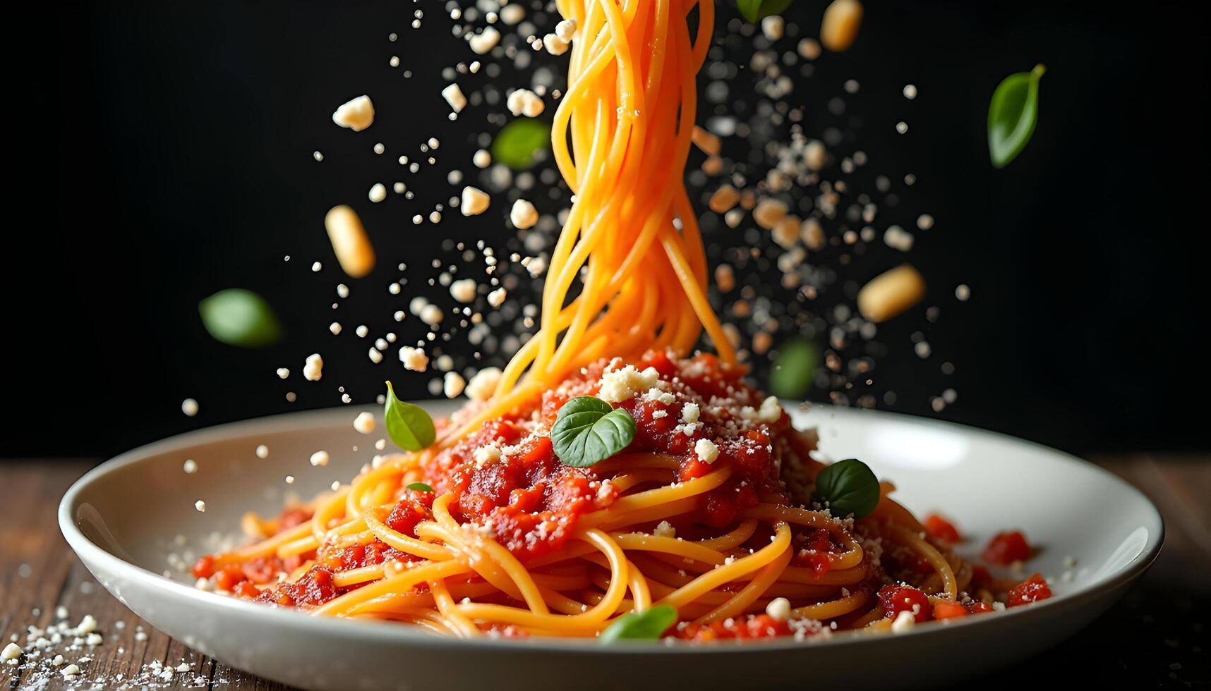 Spaghetti with tomato sauce and basil being sprinkled photo