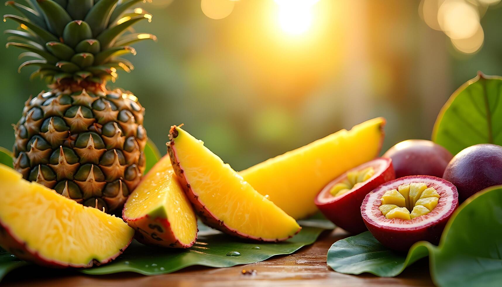 Tropical fruits and vegetables on a wooden table photo