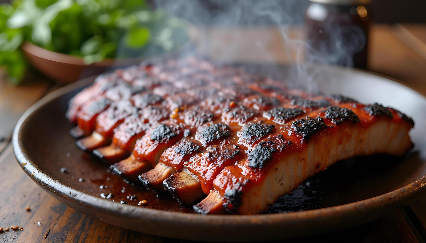 A large piece of meat on a plate with smoke coming out photo