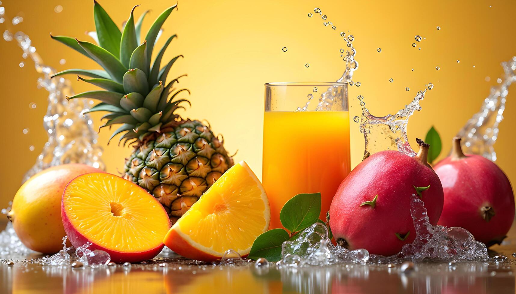 A pineapple, orange, and a glass of juice photo