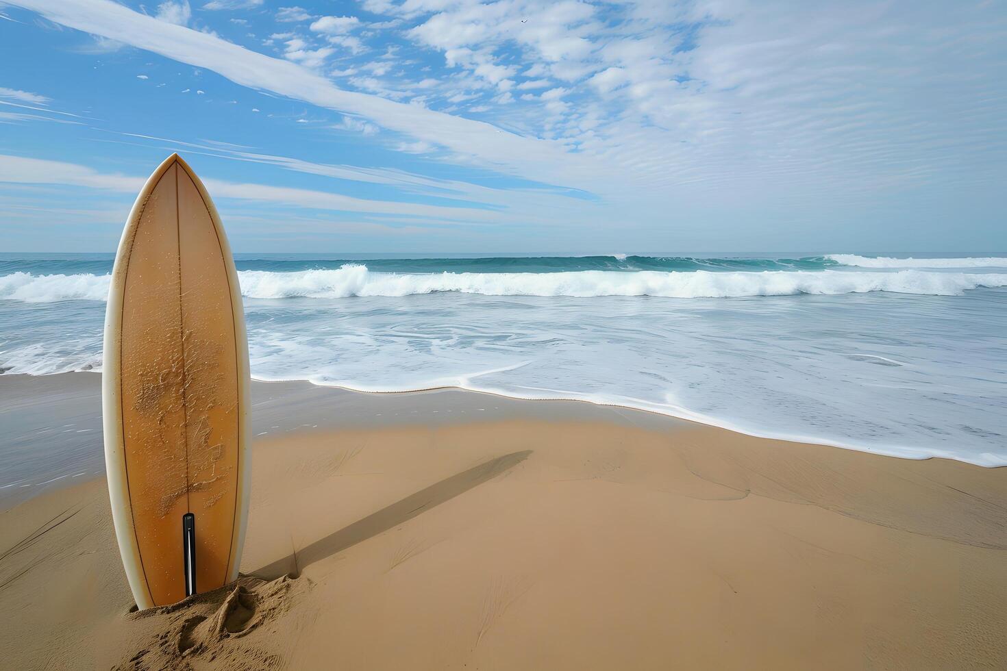 Surfboard on sandy beach, waves in background photo