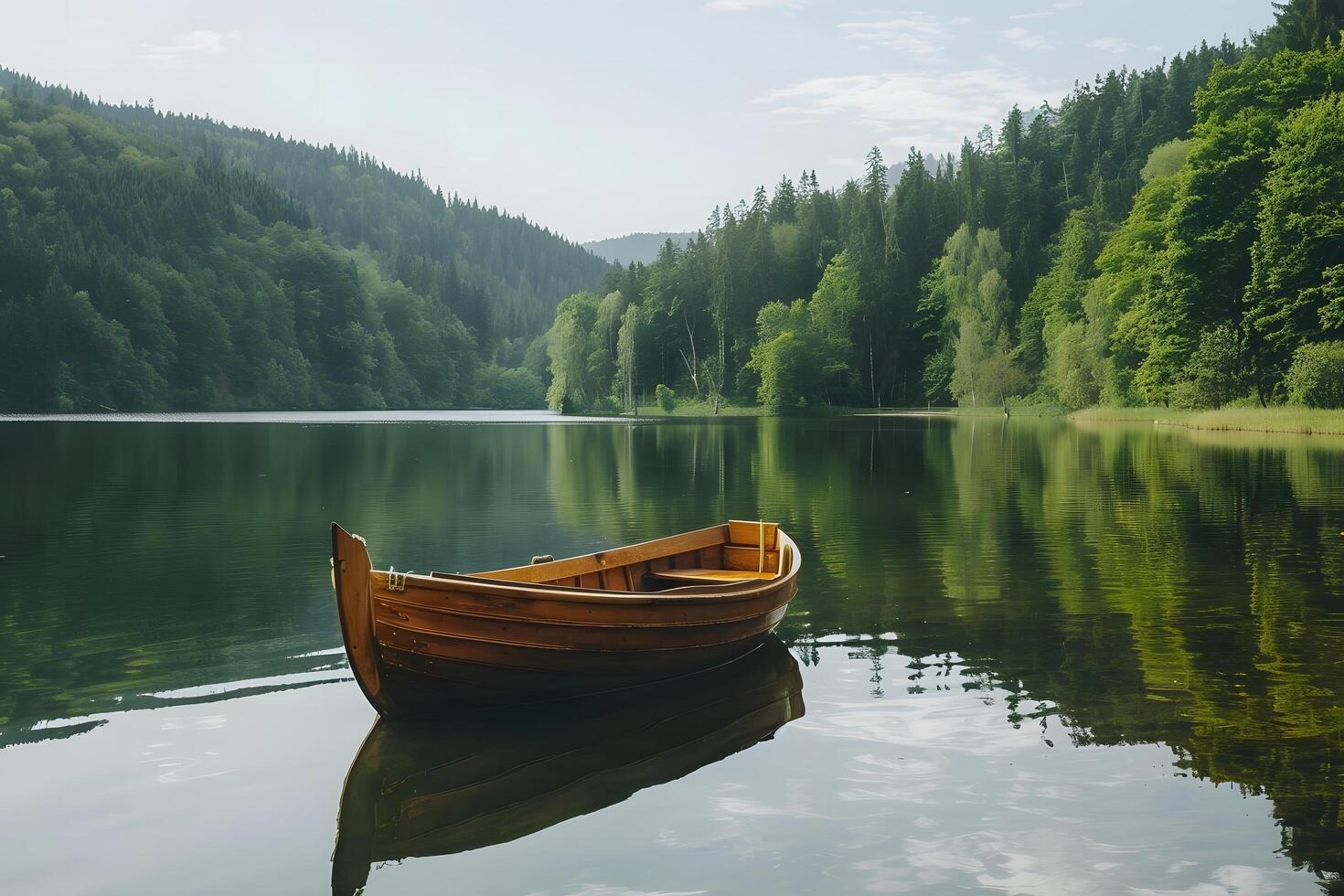 Boat floating on lake, surrounded by forest photo