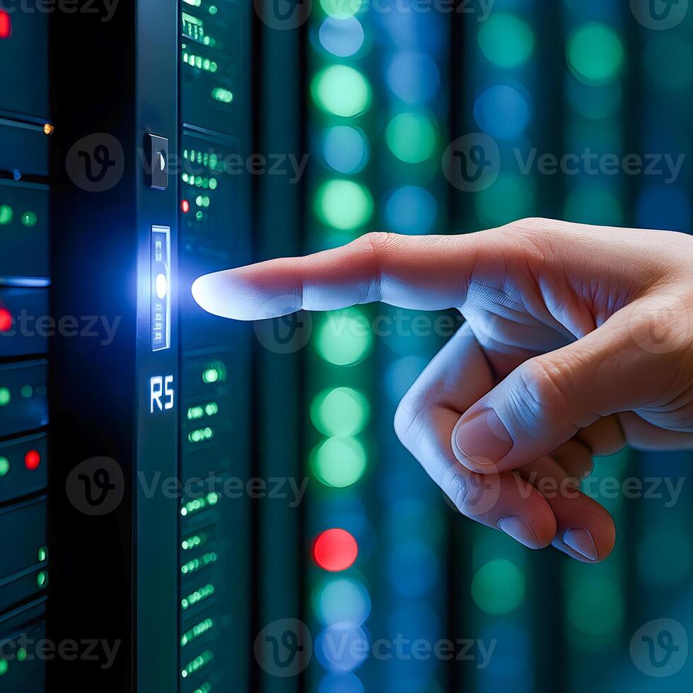 Hand Pressing Button on Server Rack Representing Data Center Access and Security photo