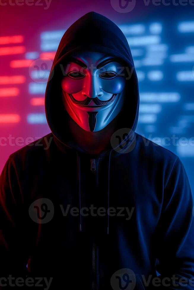 Hacker in Guy Fawkes Mask with Red and Blue Code Background Representing Cybercrime photo