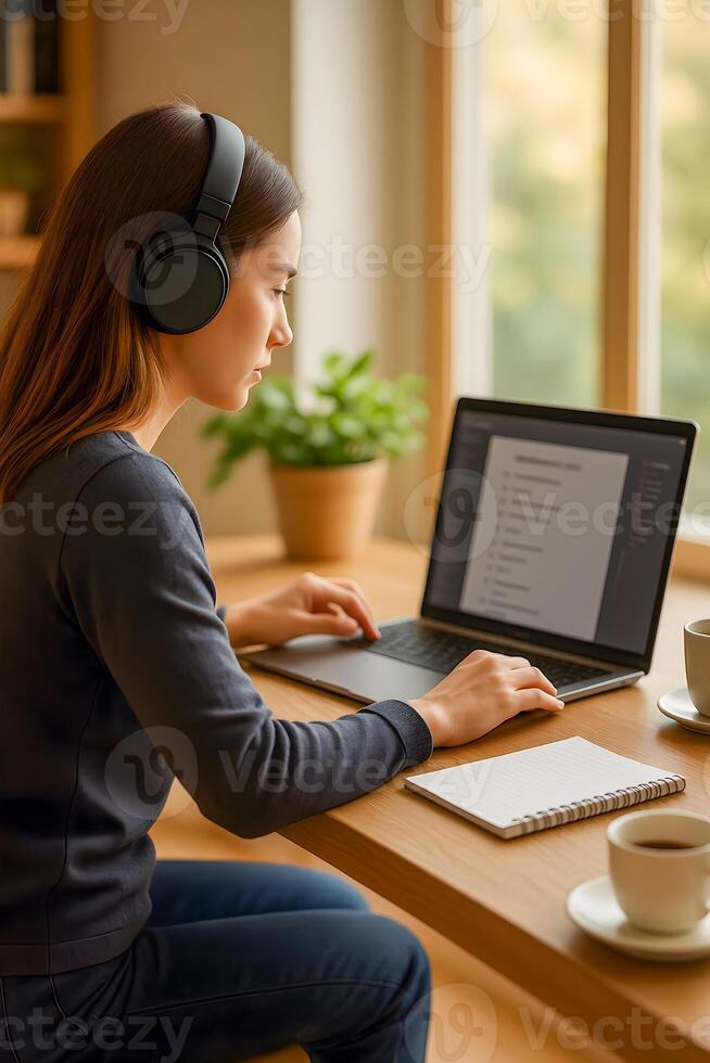 Woman Working from Home with Laptop and Headphones in Cozy Setting photo