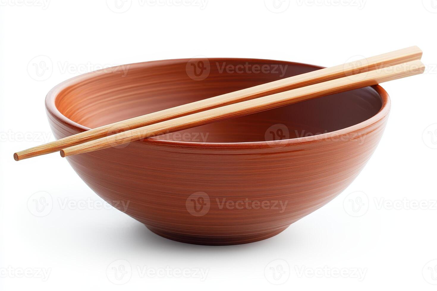 Elegant Brown Bowl with Wooden Chopsticks on White Background photo