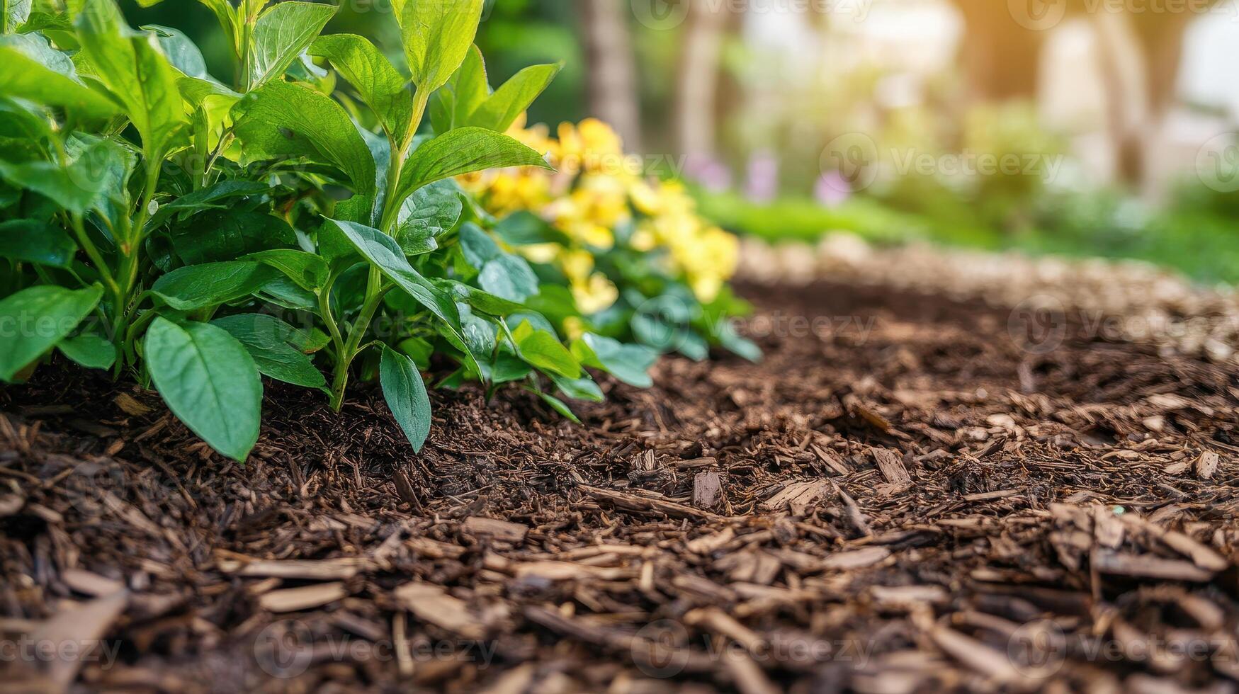 Close-Up View of Fresh Green Plants and Mulch in Garden Setting photo