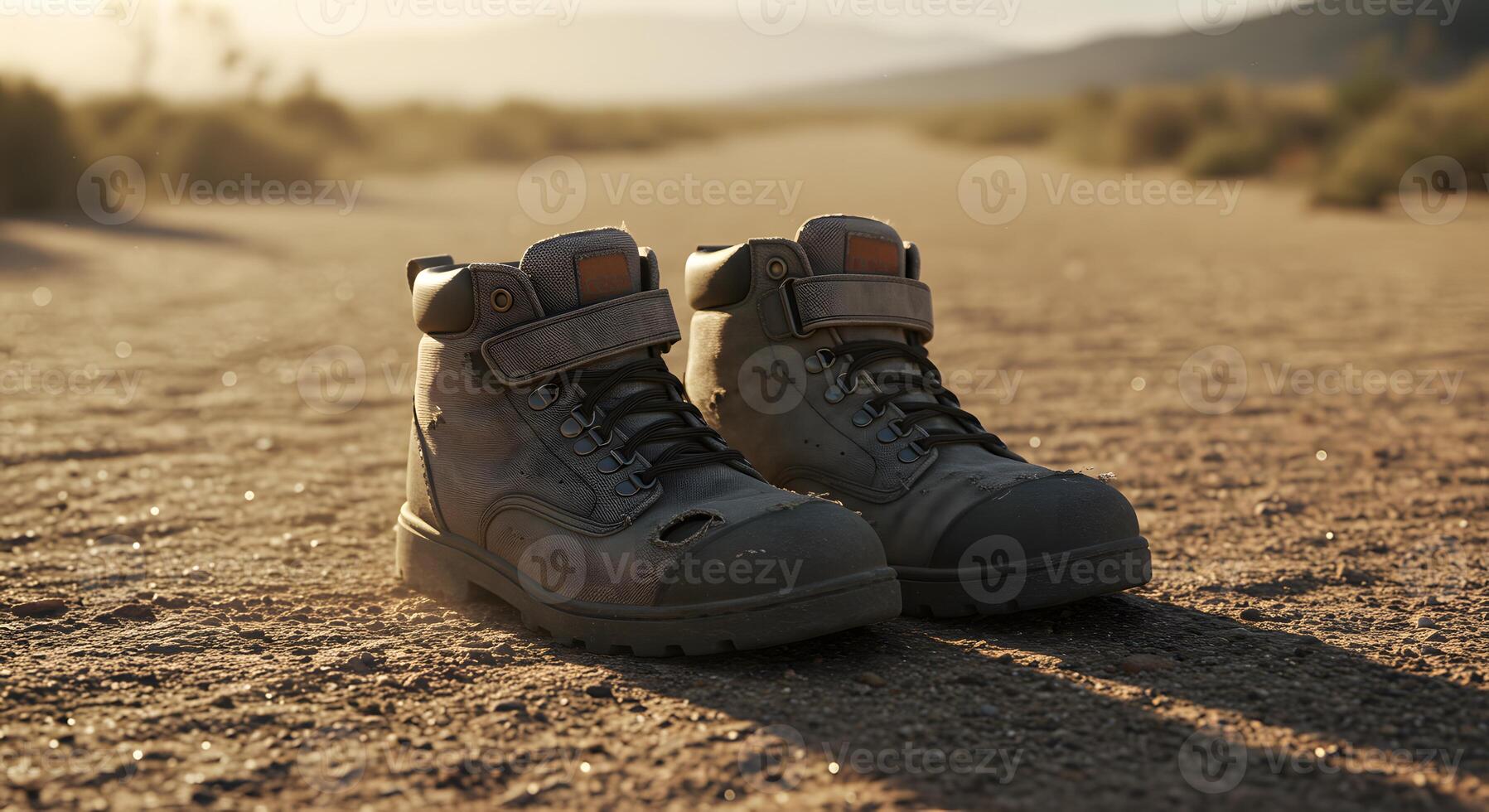 Worn Hiking Boots on Desert Trail, Golden Hour Light, Adventure Gear photo